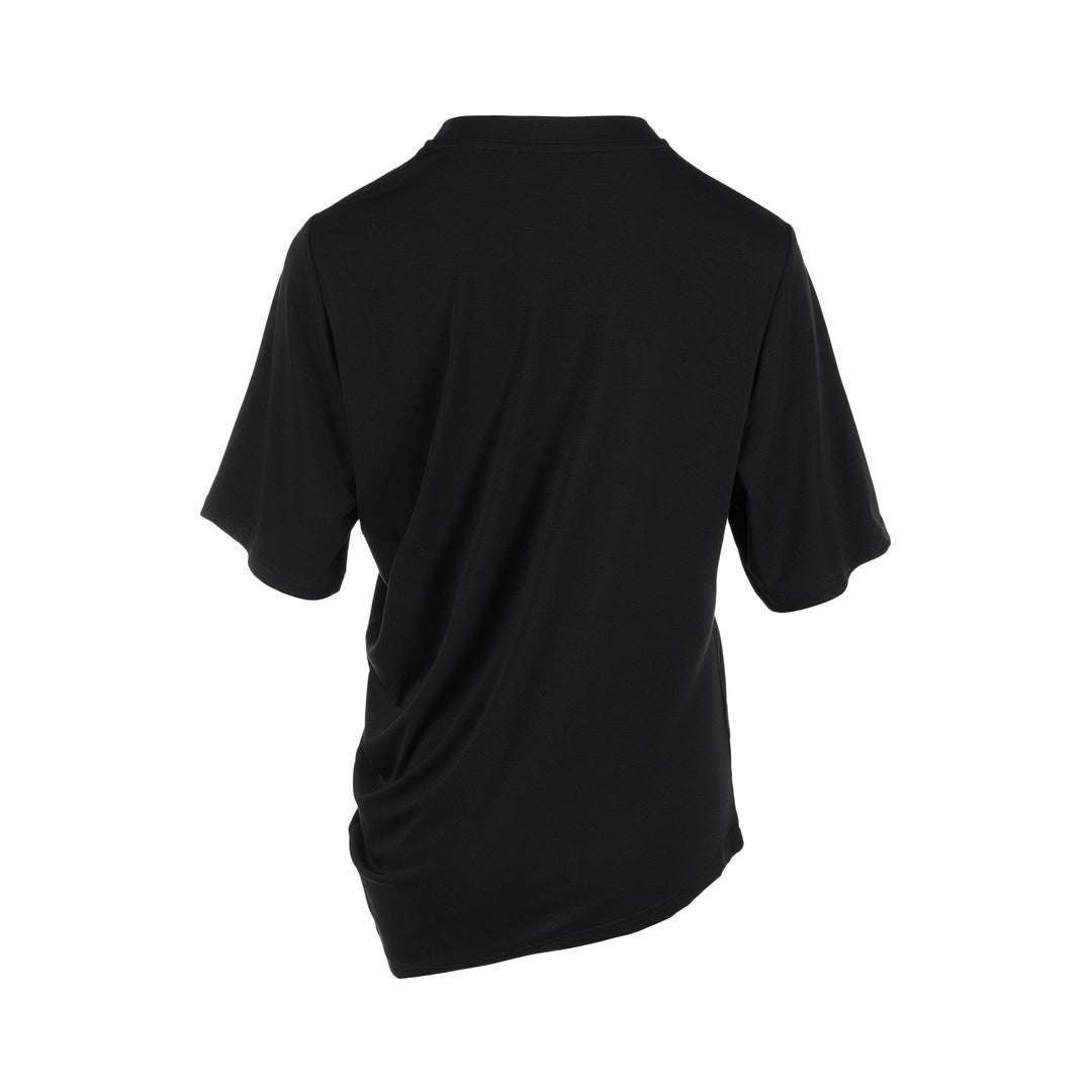 Black short-sleeve crew neck jersey tee with gathered side draping and an asymmetric hem, shown flat against a white background - view 2