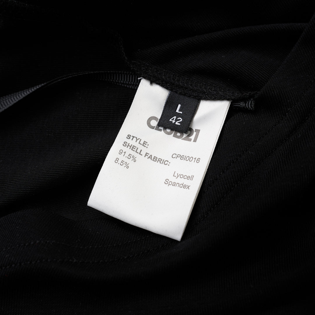 Black short-sleeve crew neck jersey tee with gathered side draping and an asymmetric hem, shown flat against a white background - view 4