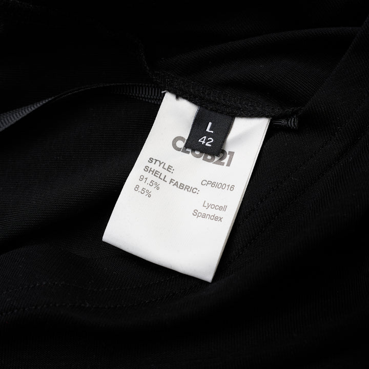 Black short-sleeve crew neck jersey tee with gathered side draping and an asymmetric hem, shown flat against a white background - view 4