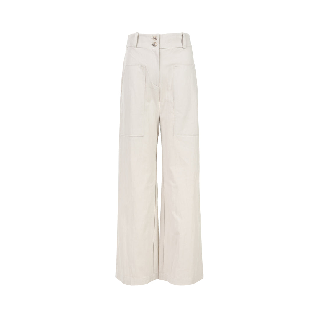 Club21 Collection Adele wide-leg pants in light neutral nylon cotton twill with patch pockets and double button waistband, front view