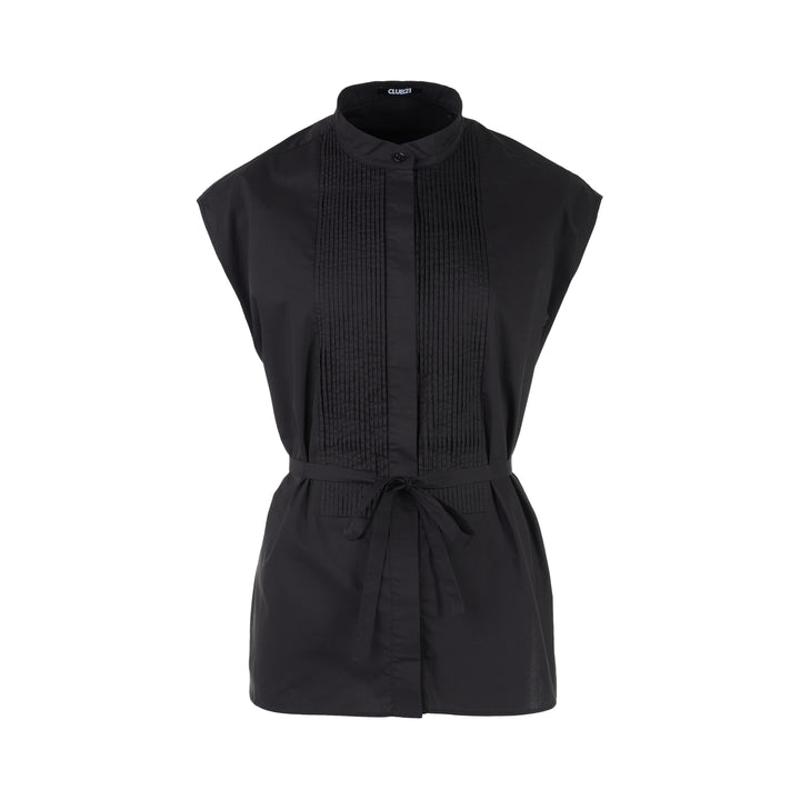 Black sleeveless cotton shirt with pintucked bib front, mandarin collar and self-fabric waist tie