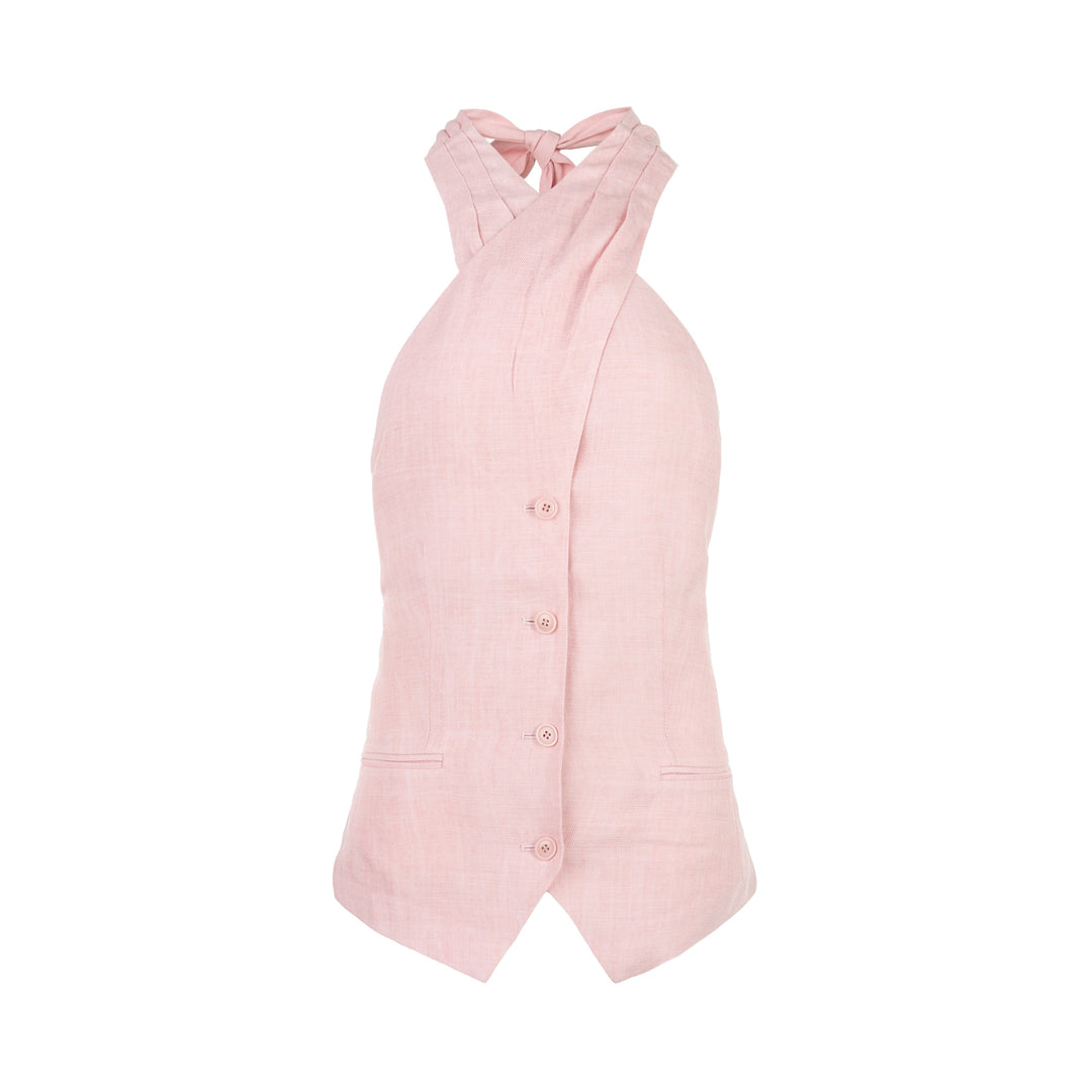 Pink hand-brushed linen Tencel halter vest with crossover neckline, back tie, button front and welt pockets