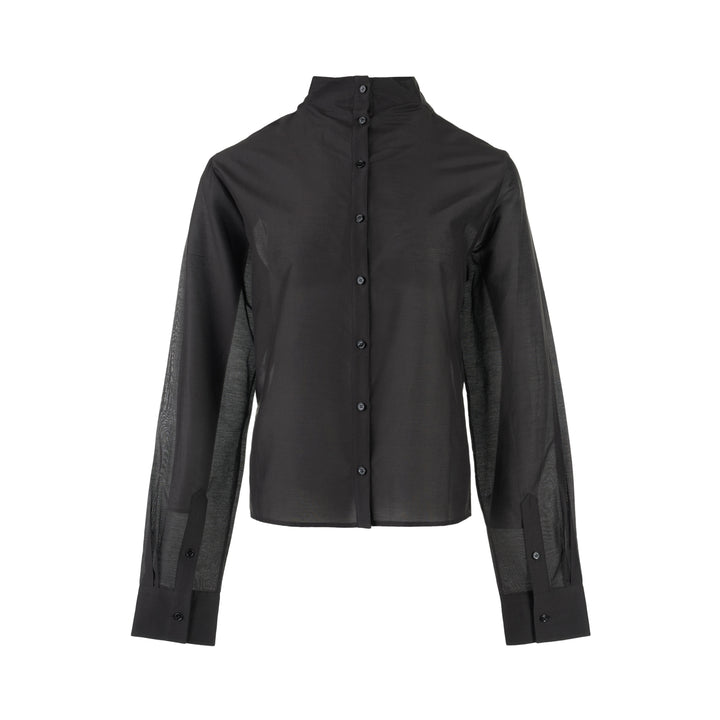 Black sheer silk cotton button-up shirt with stand collar and extended long sleeve cuffs, front view