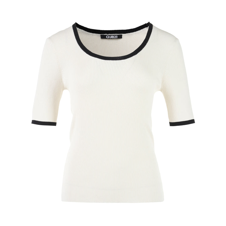 Ivory ribbed silk-cotton knit top with black contrast trim at the scoop neckline and short sleeve cuffs, by Club21 Collection