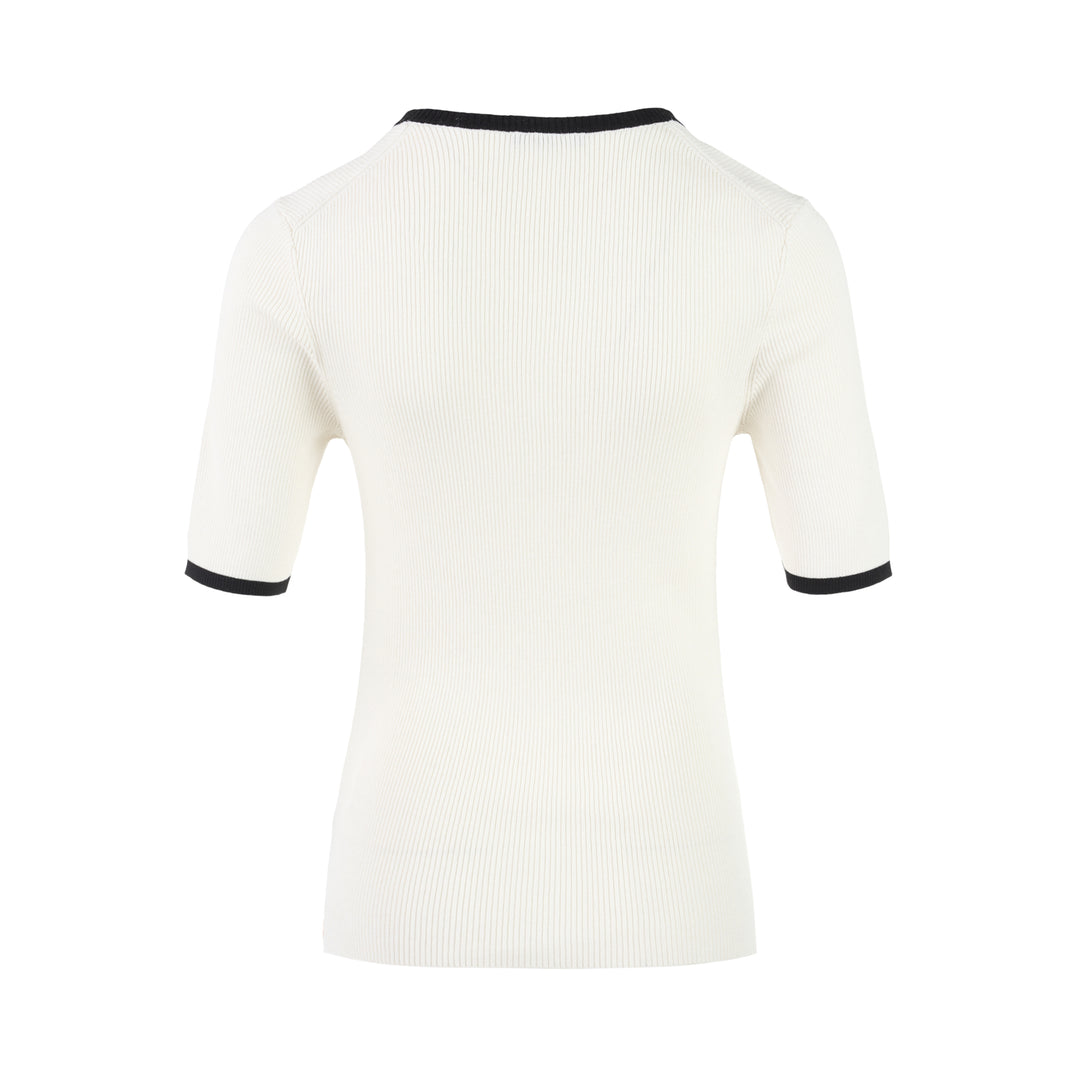 Ivory ribbed silk-cotton knit top with black contrast trim at the scoop neckline and short sleeve cuffs, by Club21 Collection - view 2