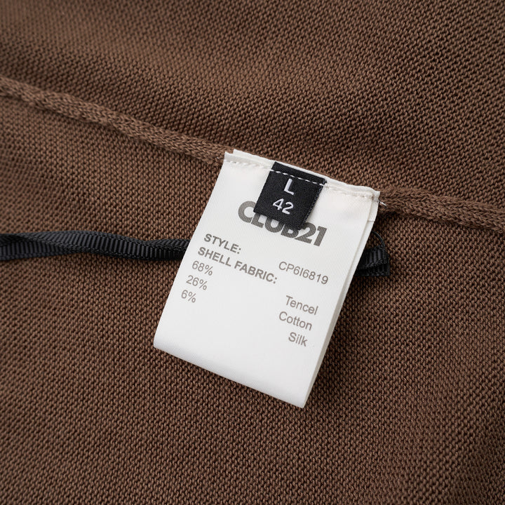 Brown cropped hooded sweater in a lightweight silk cotton Tencel knit with a tie-neck drawcord, ribbed cuffs and raw hem - view 3