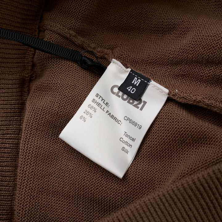 Brown wide-leg knit pants with a ribbed high waistband and drawstring tie, shown from the front on a white background - view 3