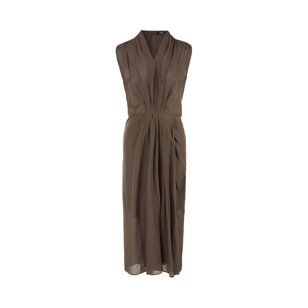 Club21 Collection Noemie sleeveless taupe midi dress in habutai silk cupro mix with draped V-neckline and pleated waist