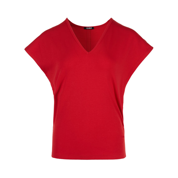 Red cotton spandex jersey V-neck top with extended short sleeves and Club21 label at the back neck