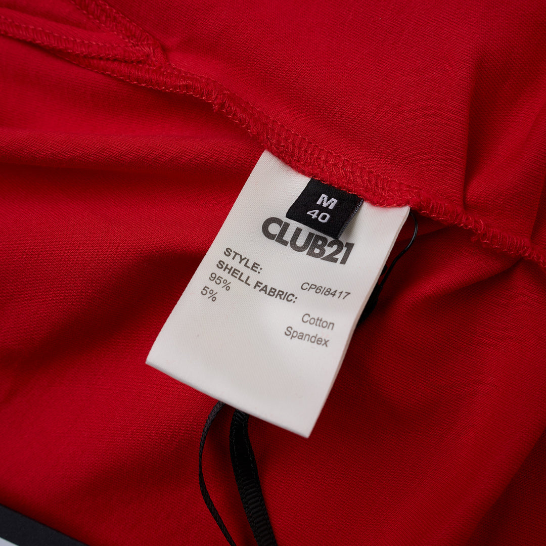 Red cotton spandex jersey V-neck top with extended short sleeves and Club21 label at the back neck - view 4