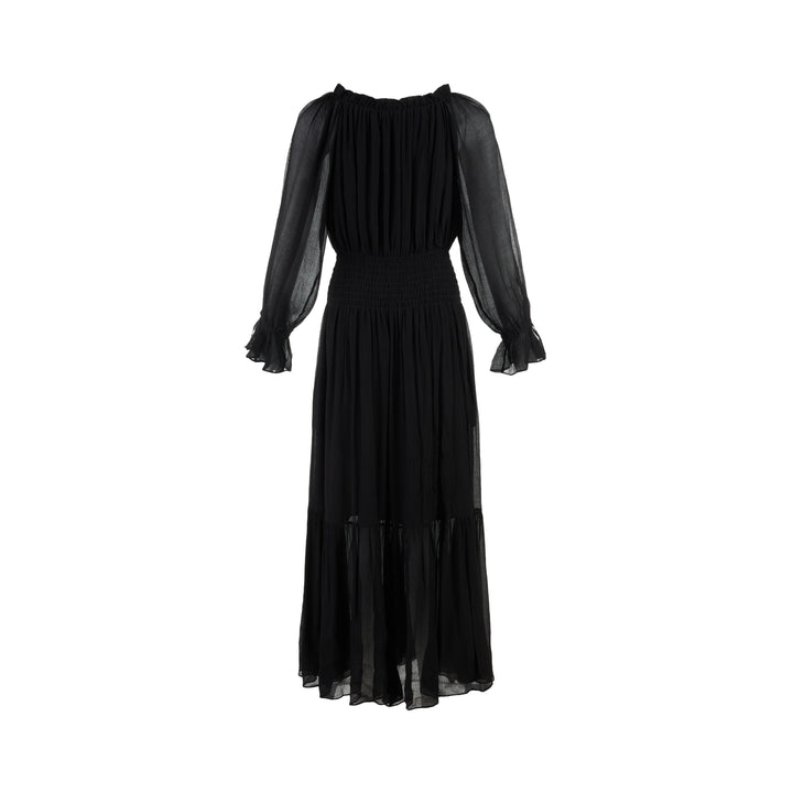 Black silk blend maxi dress with sheer balloon sleeves, gathered neckline, smocked waist and tiered flowing skirt - view 2
