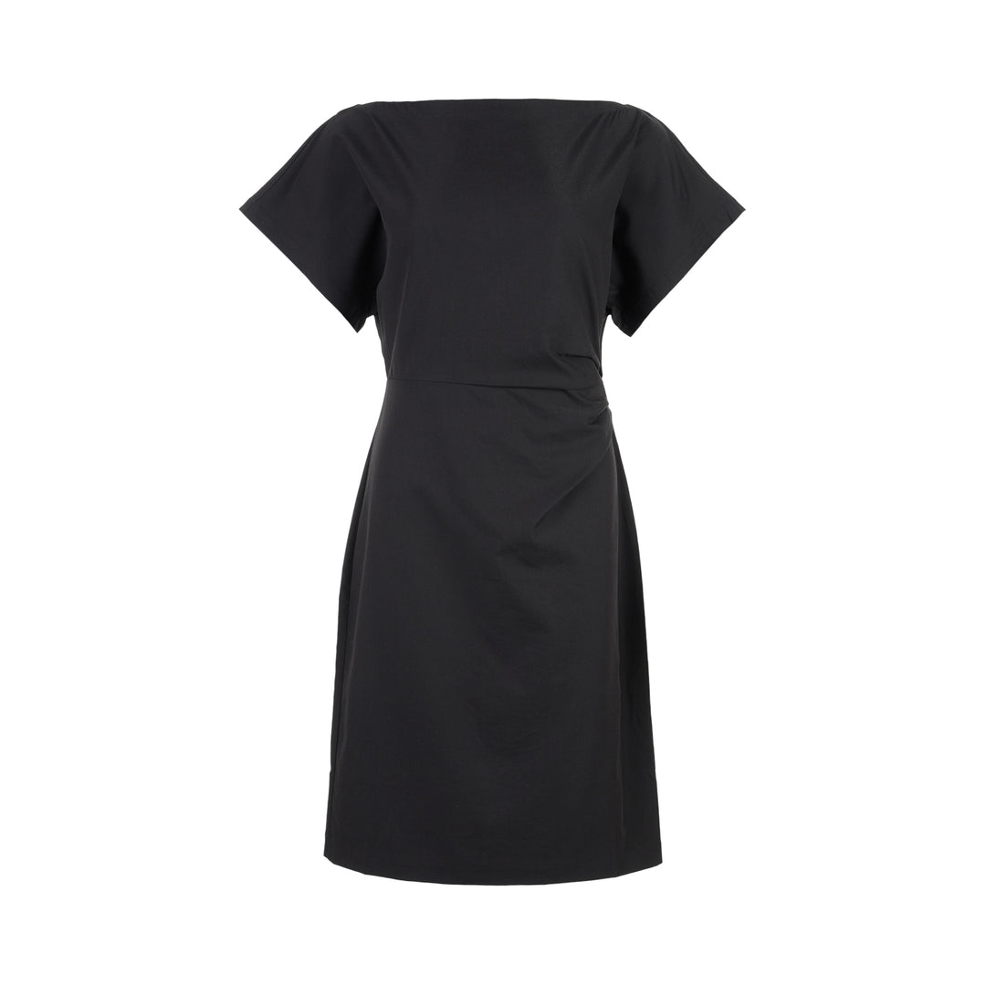 Black Thea dress in stretch rayon linen with boat neckline, wide short sleeves and gathered waist detail