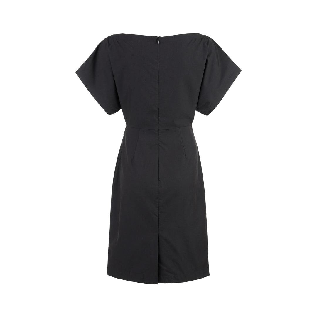 Black Thea dress in stretch rayon linen with boat neckline, wide short sleeves and gathered waist detail - view 2