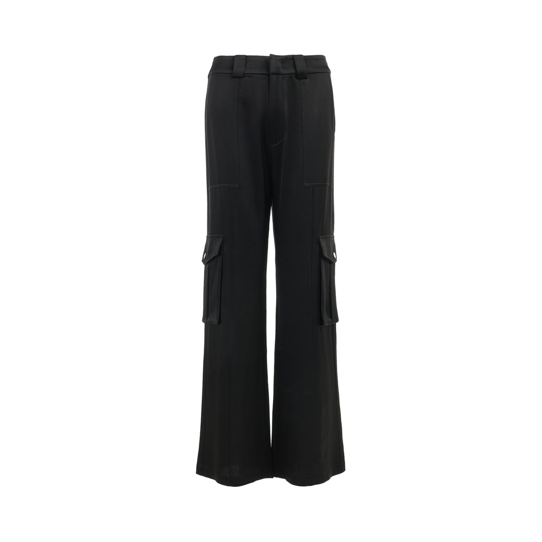 Black wide-leg cargo pants in crepe acetate mix with flap side pockets and panelled front, shown from the front