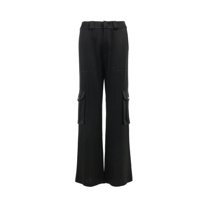 Black wide-leg cargo pants in crepe acetate mix with flap side pockets and panelled front, shown from the front