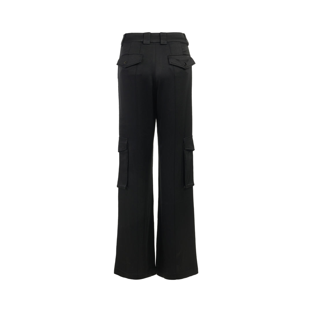 Black wide-leg cargo pants in crepe acetate mix with flap side pockets and panelled front, shown from the front - view 2