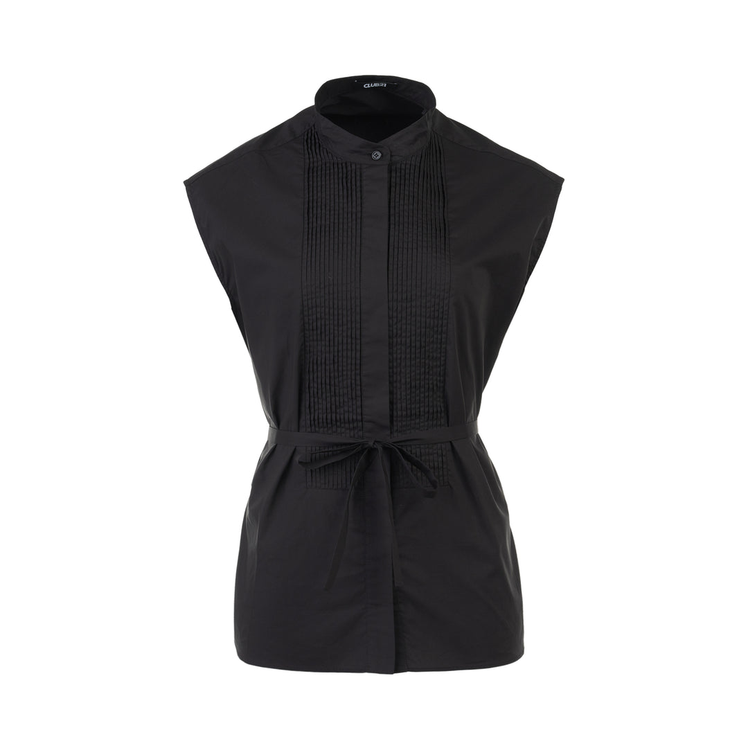 Black sleeveless cotton shirt with mandarin collar, pleated bib front and self-tie waist belt