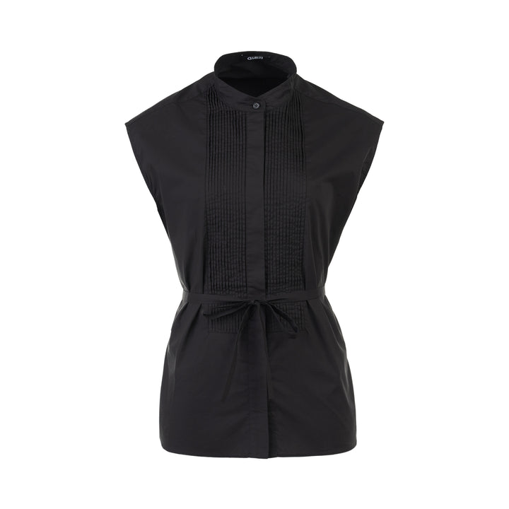 Black sleeveless cotton shirt with mandarin collar, pleated bib front and self-tie waist belt