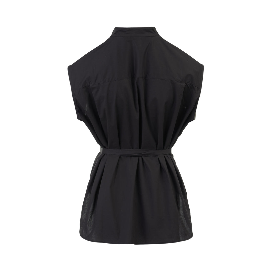 Black sleeveless cotton shirt with mandarin collar, pleated bib front and self-tie waist belt - view 2