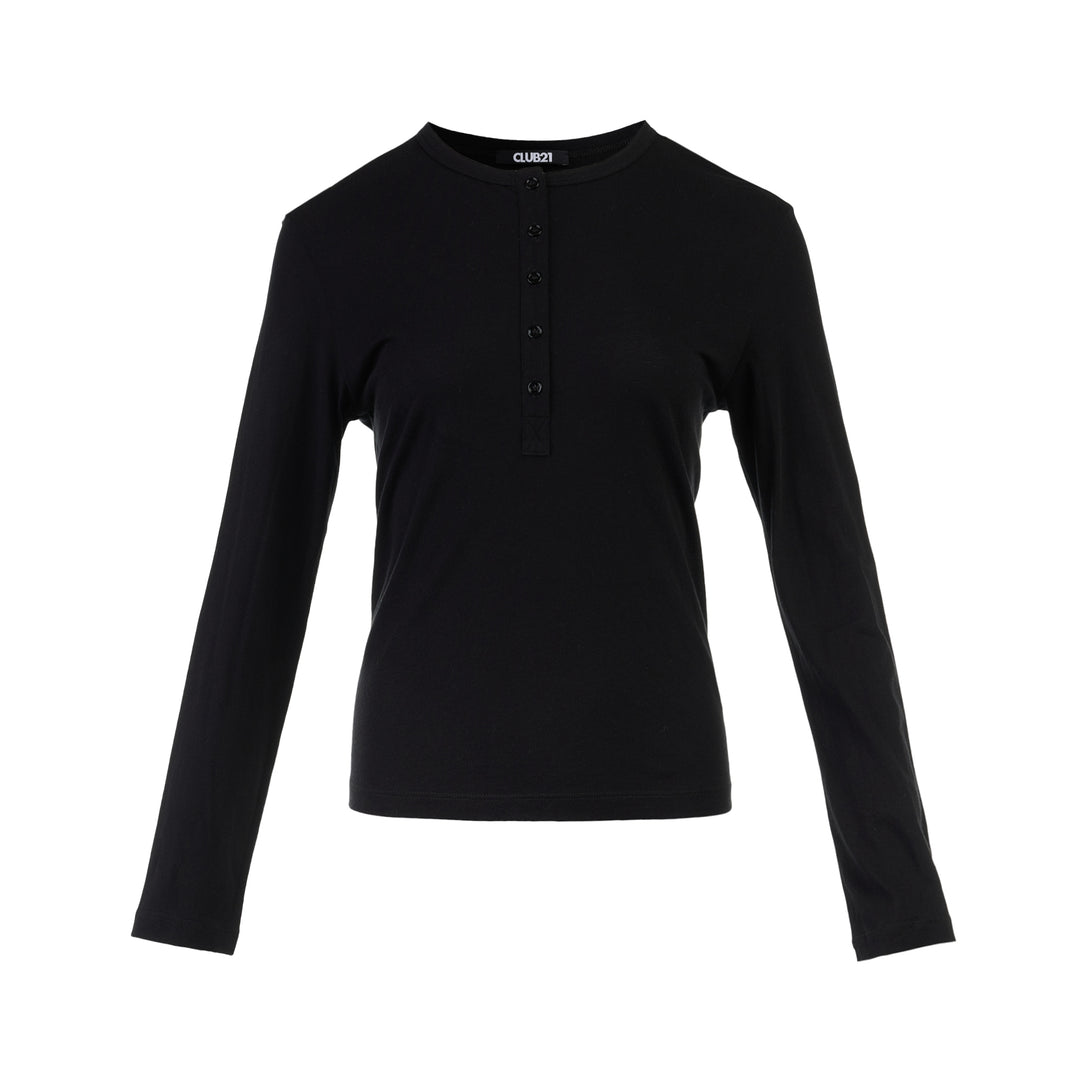 Black long sleeve cotton jersey Henley top with round neckline and five-button placket by Club21 Collection