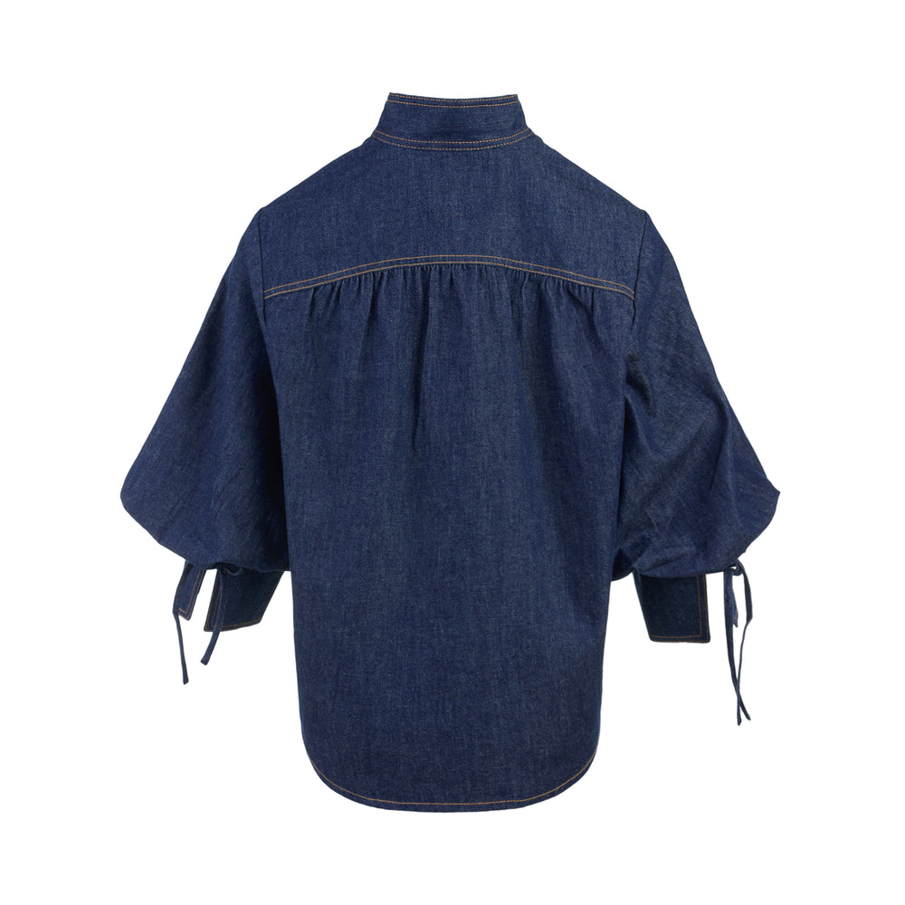 Zimmermann Denim Billow Shirt in dark indigo with stand collar, gold-tone buttons, contrast topstitching and balloon sleeves - view 2