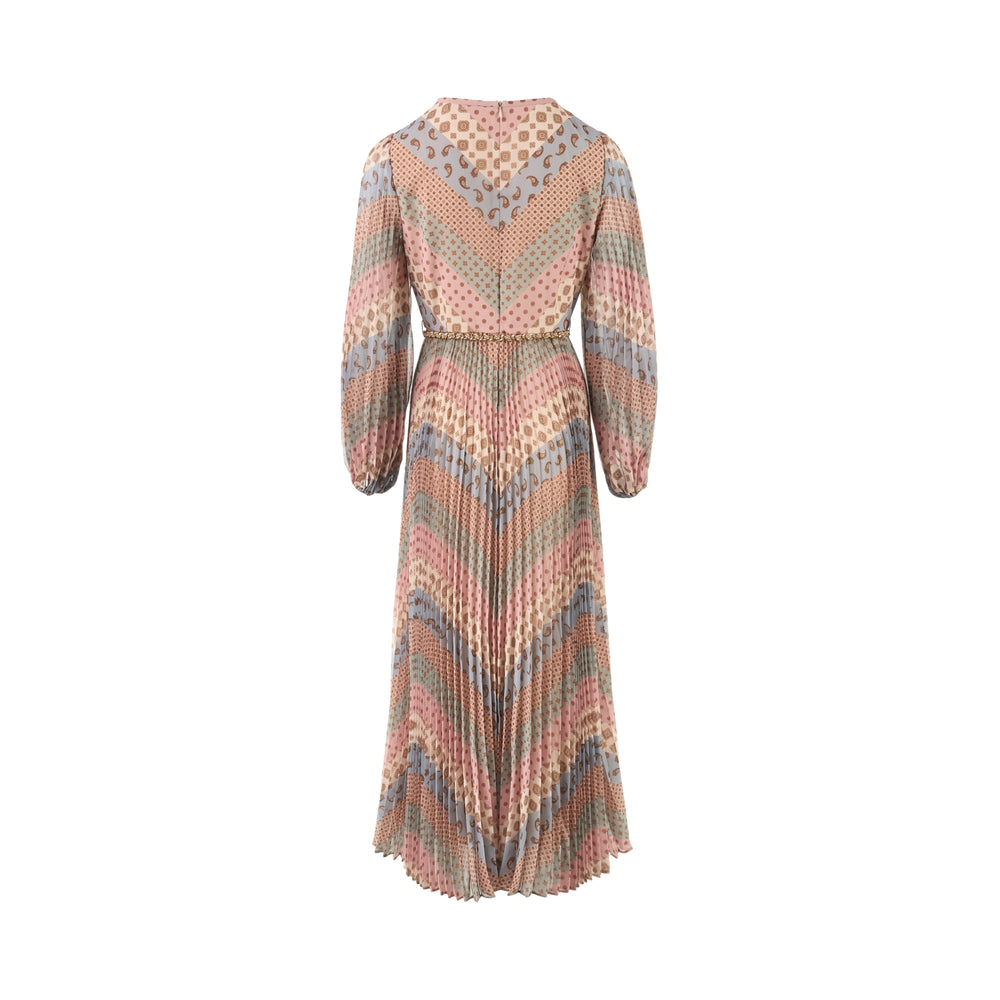 Zimmermann Sunray long sleeve pleated midi dress in a pastel chevron paisley and medallion print with blouson sleeves and gold chain belt - view 2