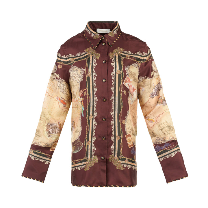 Zimmermann Valiant Twill Shirt in burgundy with a vintage Map of Australia scarf print, baroque borders and tassel details