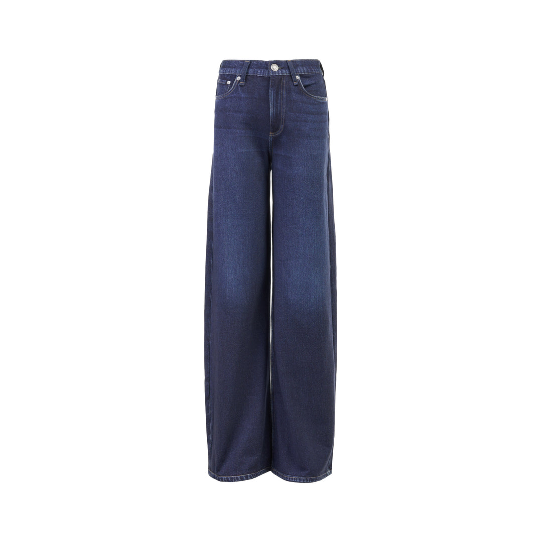 rag & bone Miramar wide leg jeans in a dark indigo wash, shown from the front with a high-rise waist and five-pocket detailing