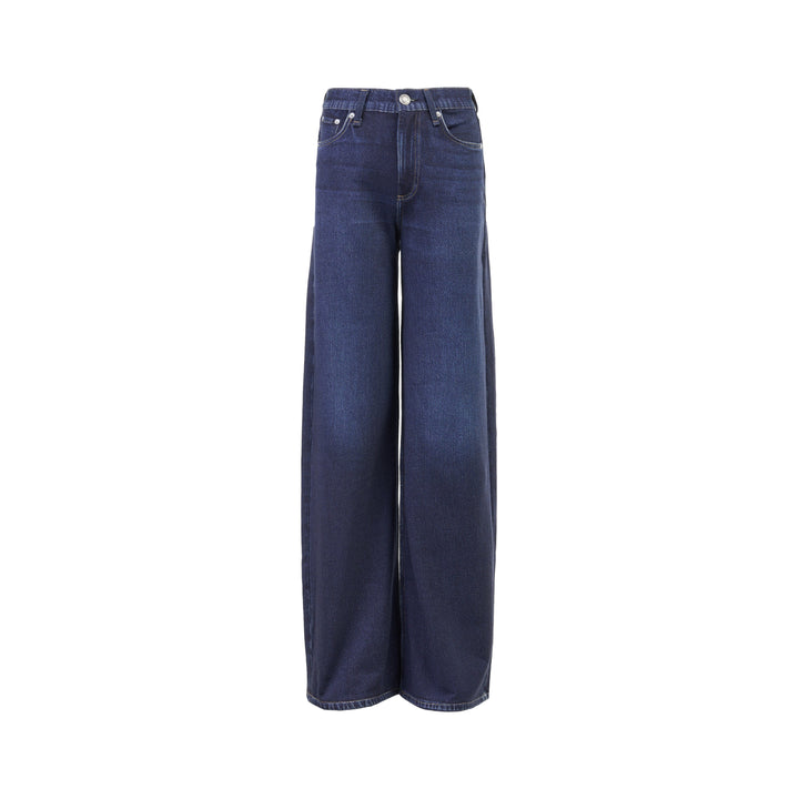 rag & bone Miramar wide leg jeans in a dark indigo wash, shown from the front with a high-rise waist and five-pocket detailing