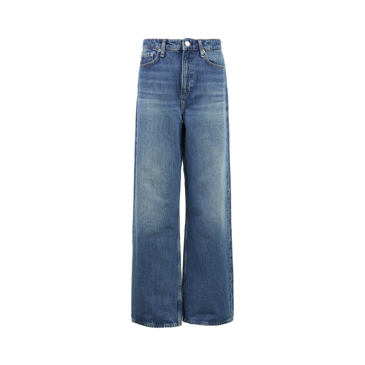 rag & bone Logan Wide Jeans in a faded mid-blue wash, shown from the front with a high-rise waist and wide straight leg