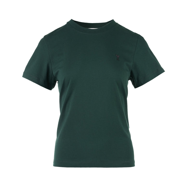 AMI forest green short-sleeve crew neck T-shirt with a small black Ami de Cœur embroidered logo at the chest