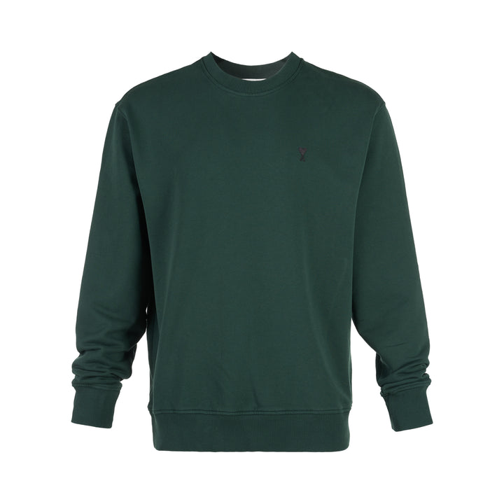 AMI forest green crewneck sweatshirt with ribbed trim and a small embroidered Ami de Coeur logo at the chest
