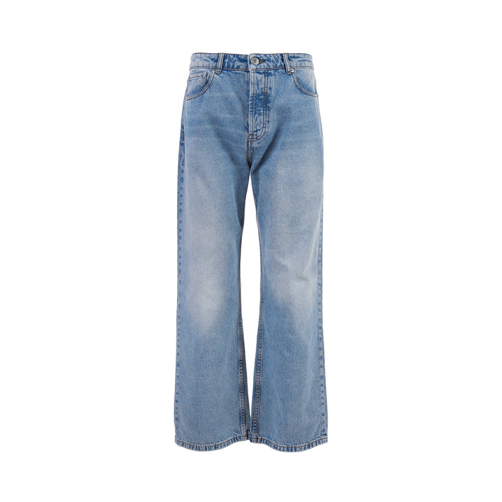 AMI large fit jeans in light washed blue denim with a wide straight leg, five-pocket design and button fly, shown front view