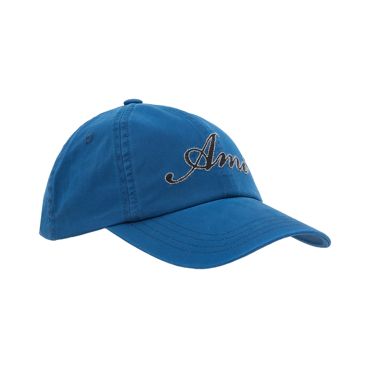 AMI blue cotton twill baseball cap with black script logo embroidered at the front and curved stitched brim - view 2