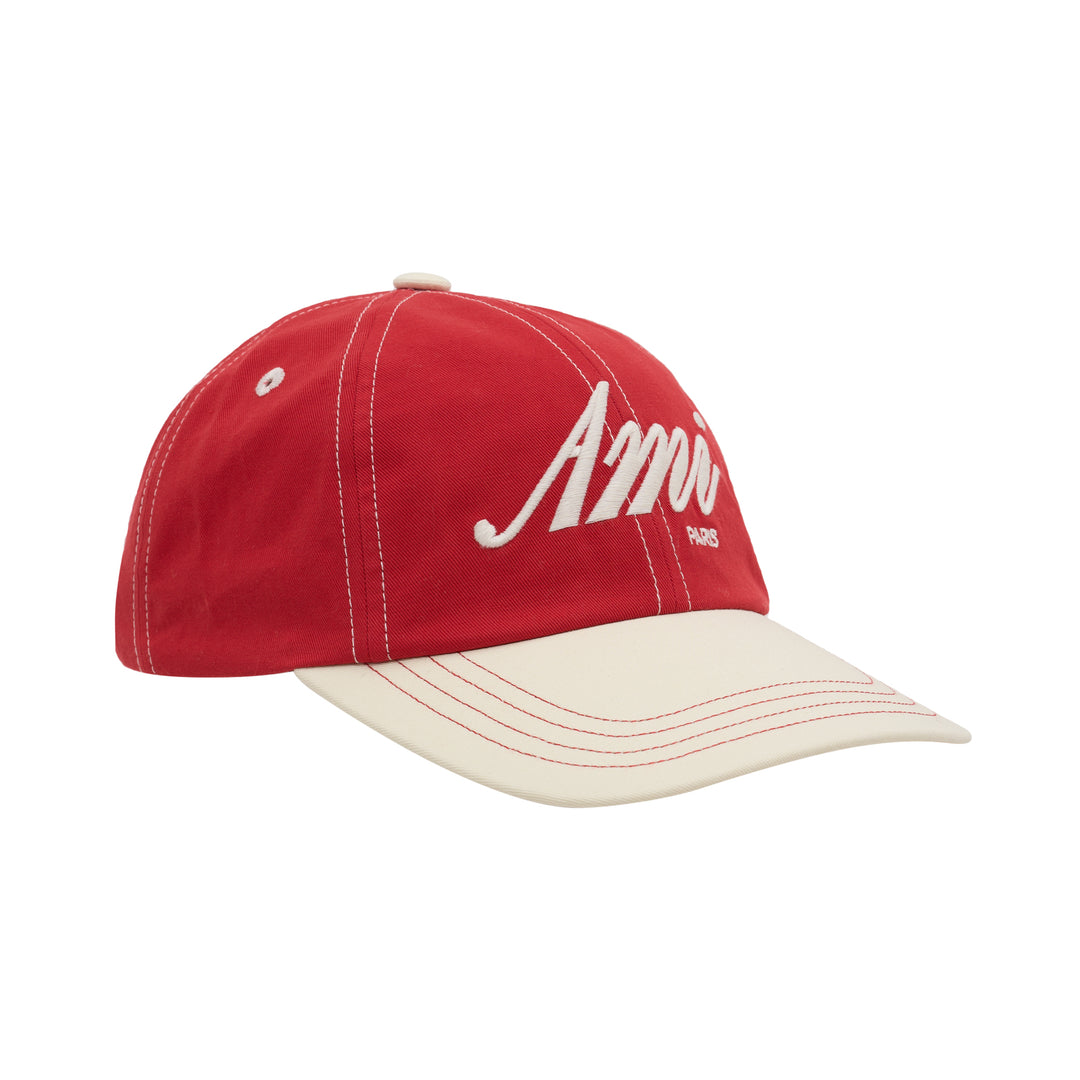 AMI bicolor baseball cap in red with a cream peak, featuring white script logo embroidery, Paris lettering and contrast stitching - view 2
