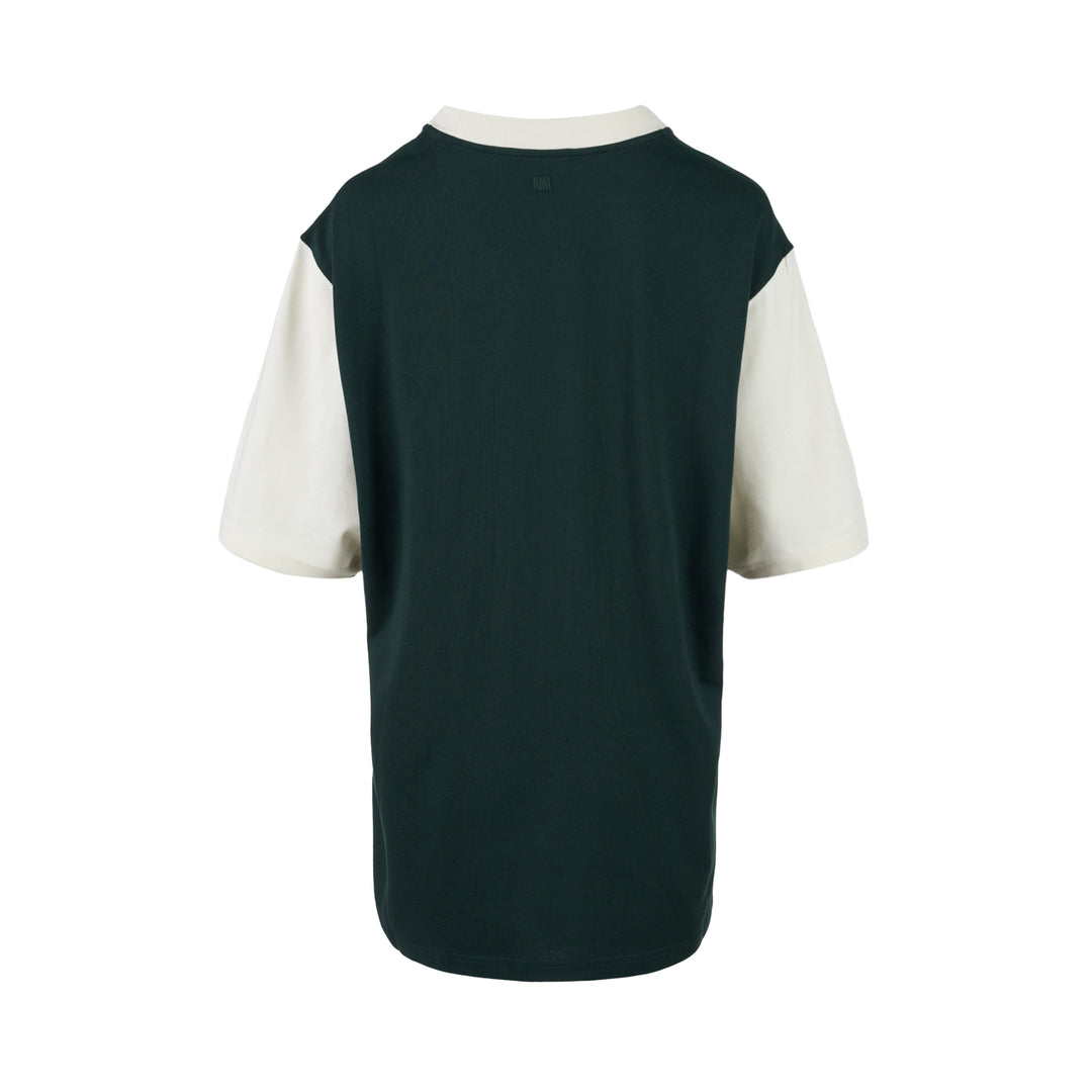 AMI Paris oversized t-shirt in dark green with cream contrast sleeves and collar, featuring white felt AMI PARIS lettering across the chest - view 2