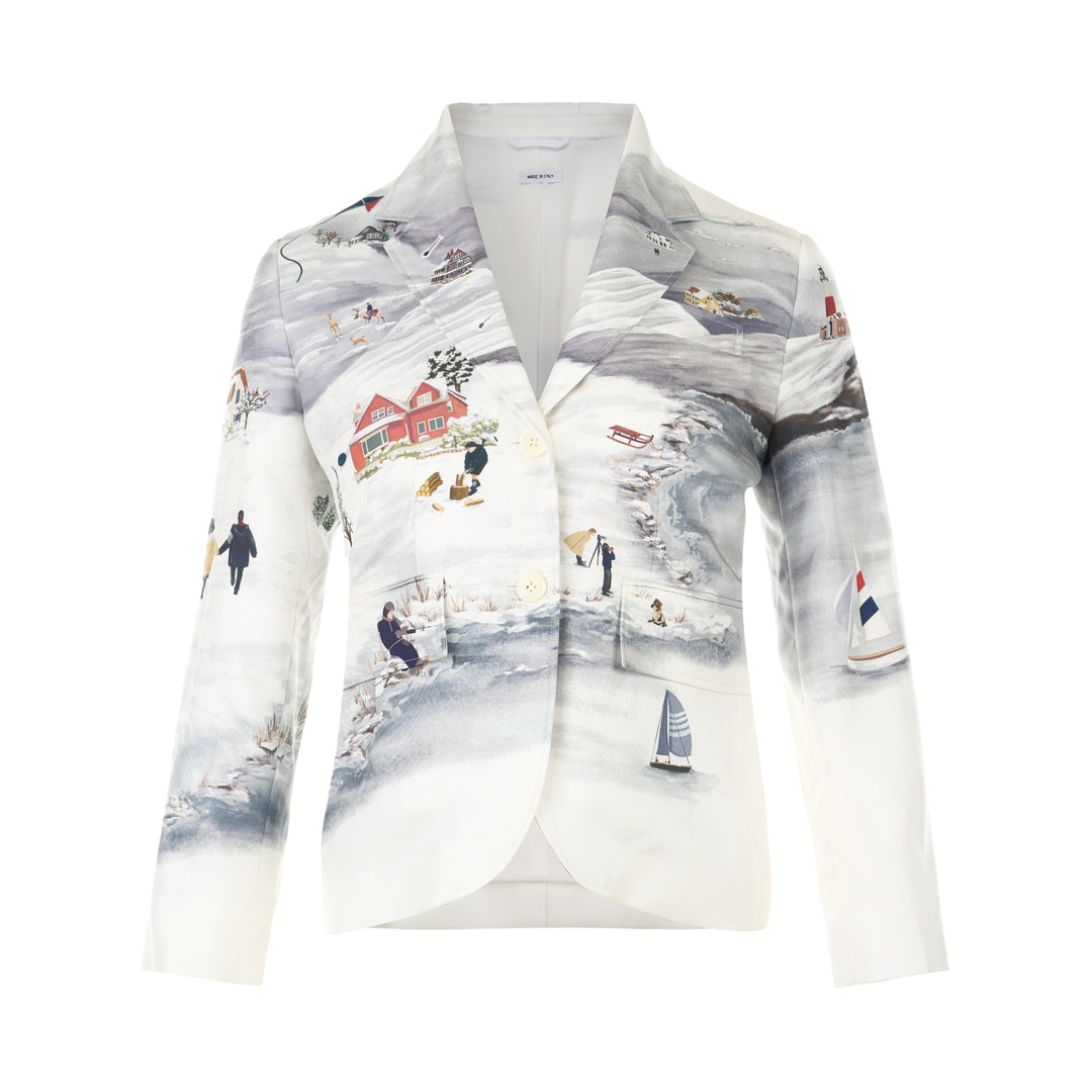 Thom Browne high armhole sportcoat with an all-over illustrated winter village print featuring cottages, sailboats and figures in the snow