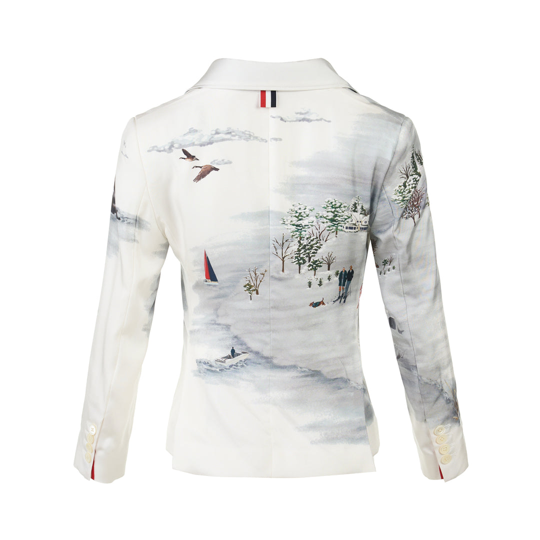 Thom Browne high armhole sportcoat with an all-over illustrated winter village print featuring cottages, sailboats and figures in the snow - view 2