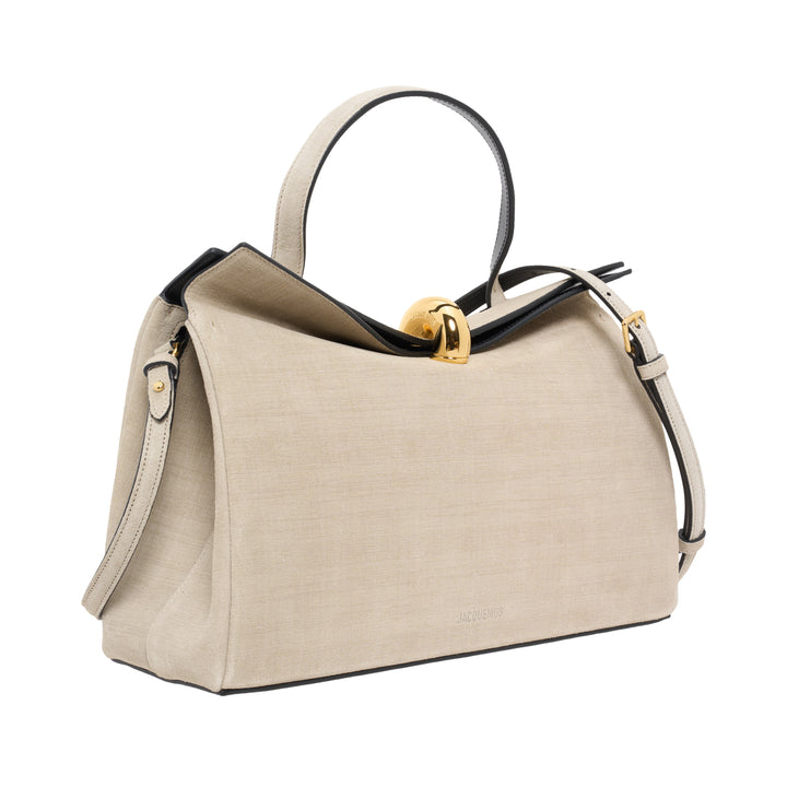 Jacquemus Le Valérie beige top handle handbag with sculptural gold clasp and adjustable shoulder strap - view 2