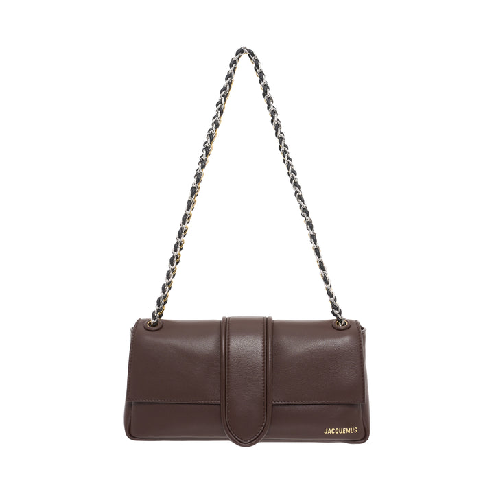 Jacquemus Le Bambino Chaîne brown leather shoulder bag with curved tab closure and woven chain strap