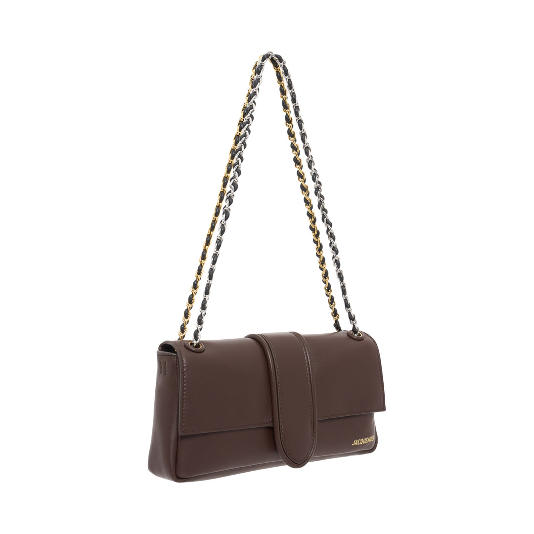 Jacquemus Le Bambino Chaîne brown leather shoulder bag with curved tab closure and woven chain strap - view 2