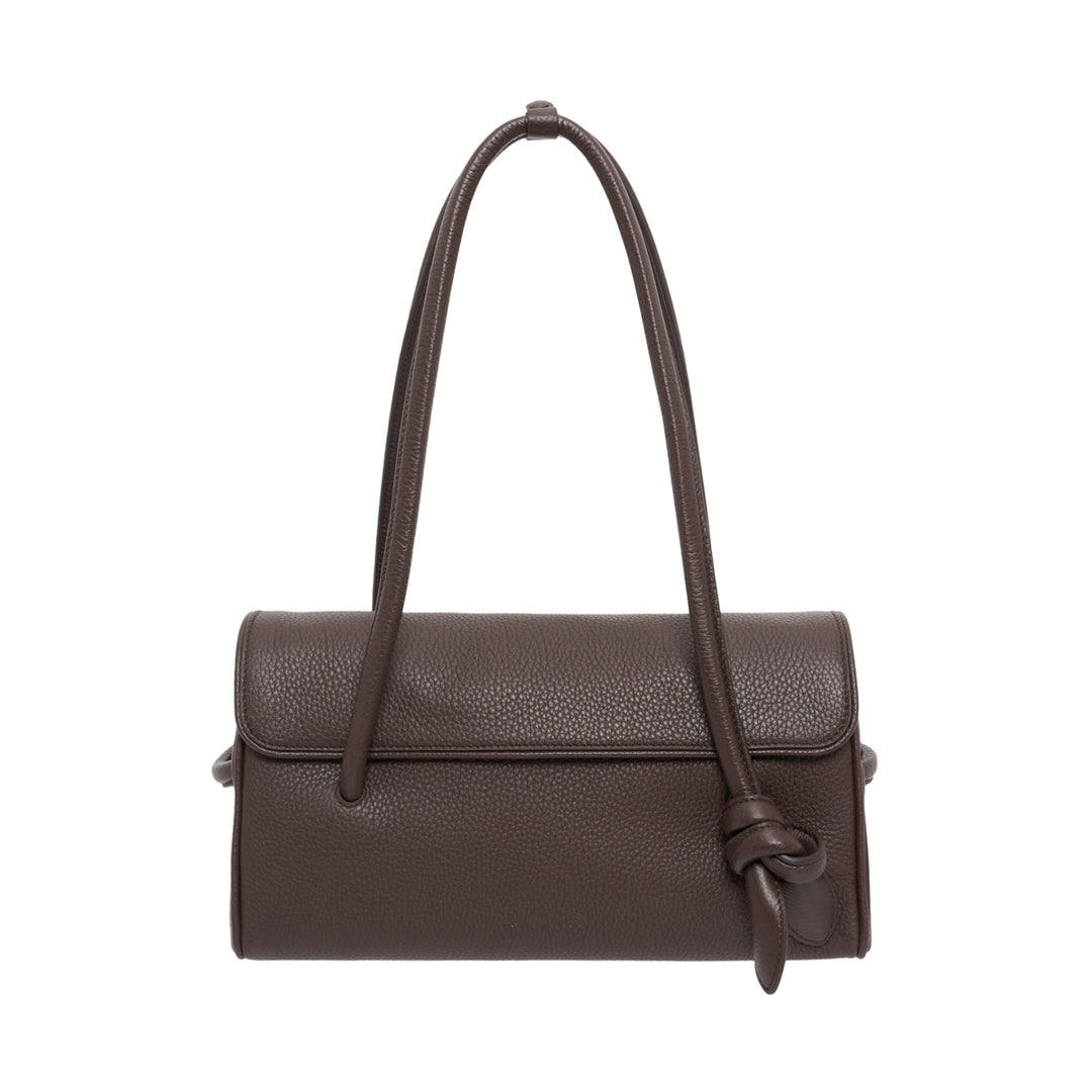 Jacquemus Le Turismo Long shoulder bag in grained deep brown leather with rolled looped handles, fold-over flap and knotted leather detail