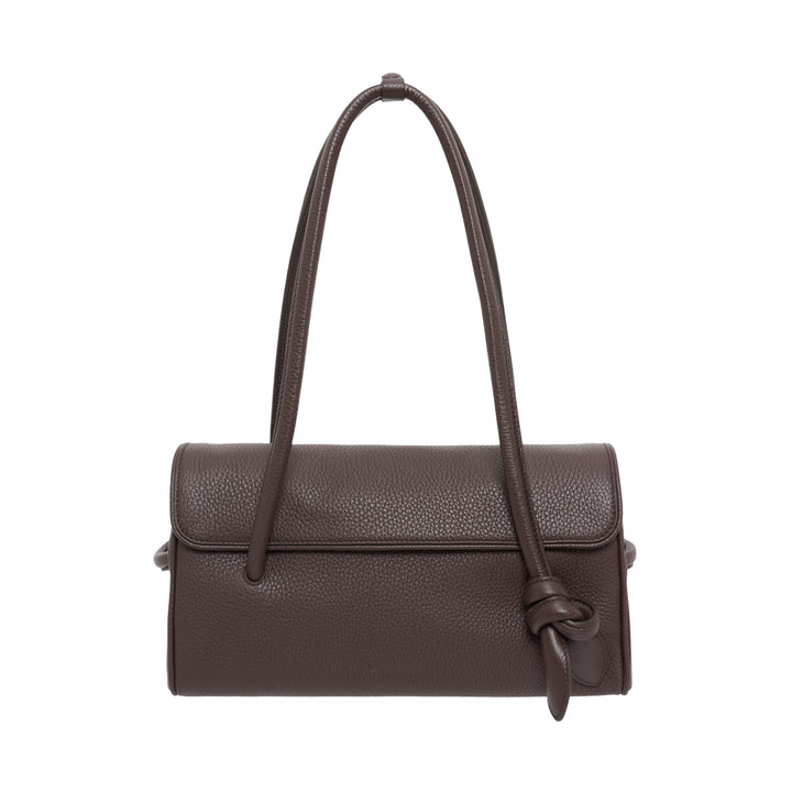 Jacquemus Le Turismo Long shoulder bag in grained deep brown leather with rolled looped handles, fold-over flap and knotted leather detail
