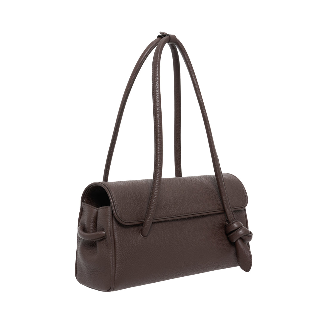 Jacquemus Le Turismo Long shoulder bag in grained deep brown leather with rolled looped handles, fold-over flap and knotted leather detail - view 2