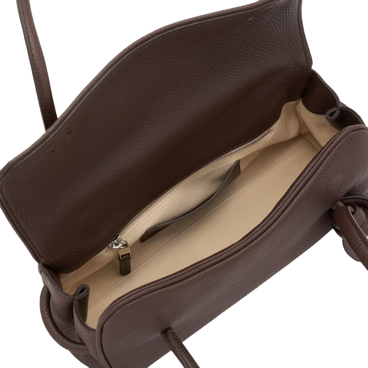 Jacquemus Le Turismo Long shoulder bag in grained deep brown leather with rolled looped handles, fold-over flap and knotted leather detail - view 4