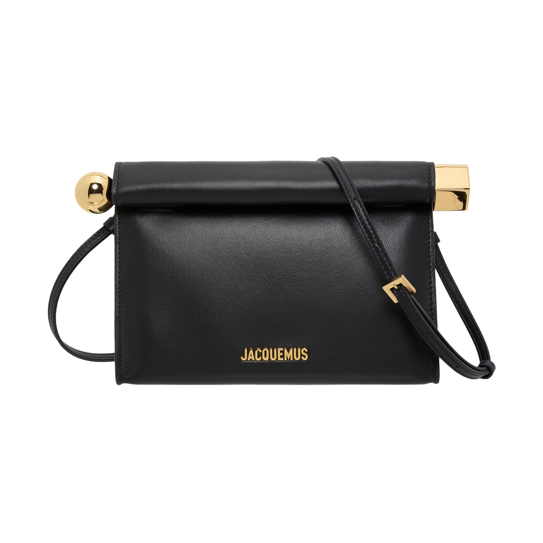 Jacquemus Le Sac Rond Carré black leather crossbody bag with gold sphere and cube hardware and slim adjustable strap
