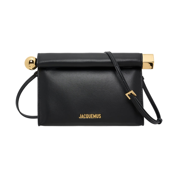 Jacquemus Le Sac Rond Carré black leather crossbody bag with gold sphere and cube hardware and slim adjustable strap