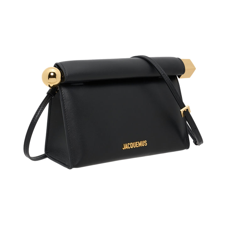 Jacquemus Le Sac Rond Carré black leather crossbody bag with gold sphere and cube hardware and slim adjustable strap - view 2