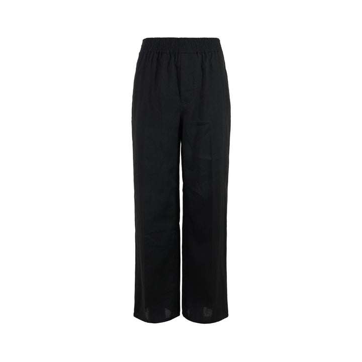 Jacquemus Miami black wide-leg trousers with a smocked elasticated waistband, shown from the front