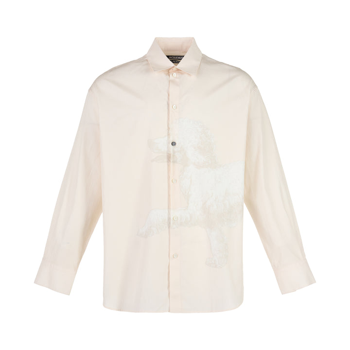 Jacquemus La Chemise Pisco long sleeve cream shirt with tonal poodle print across the front and button placket